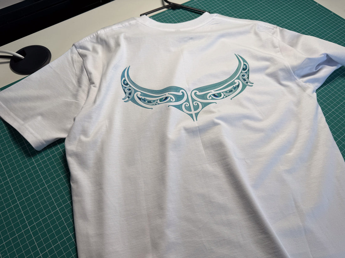 White T-Shirt with Teal Tribal Eyes Design (Back Print)