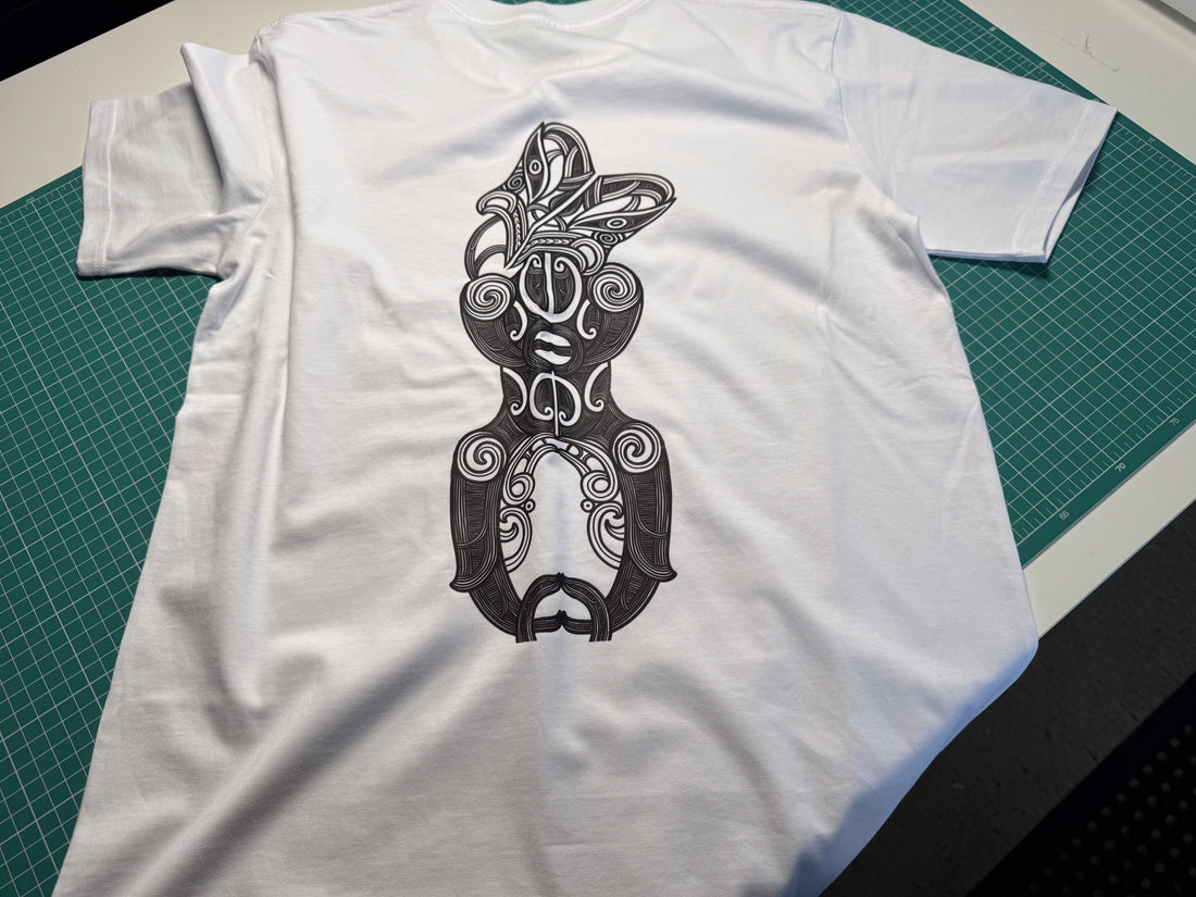 Premium White T-Shirt with Tribal NZ Tiki Design (Back Print)
